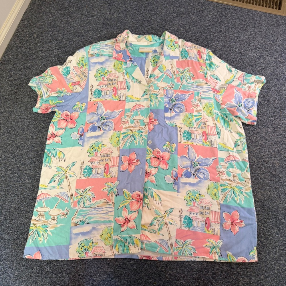 Alfred Dunner Woman Tropical Patchwork Button Down Shirt Pastel Floral 18W Rayon